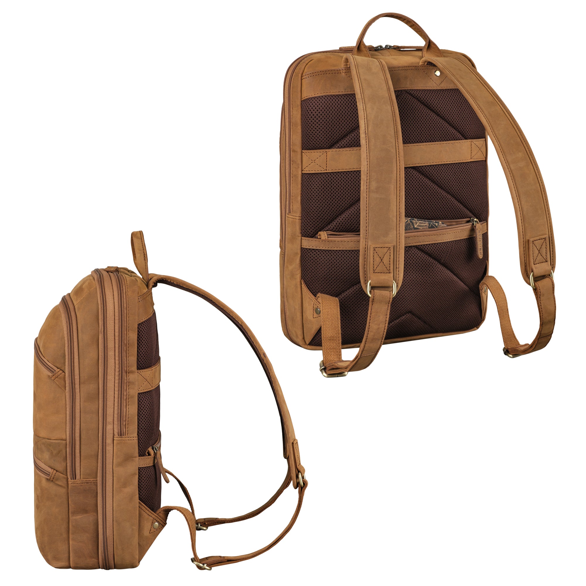 Laptoprucksack Leder braun mit hinterem Reißverschlussfach und verstellbaren Schultergurten