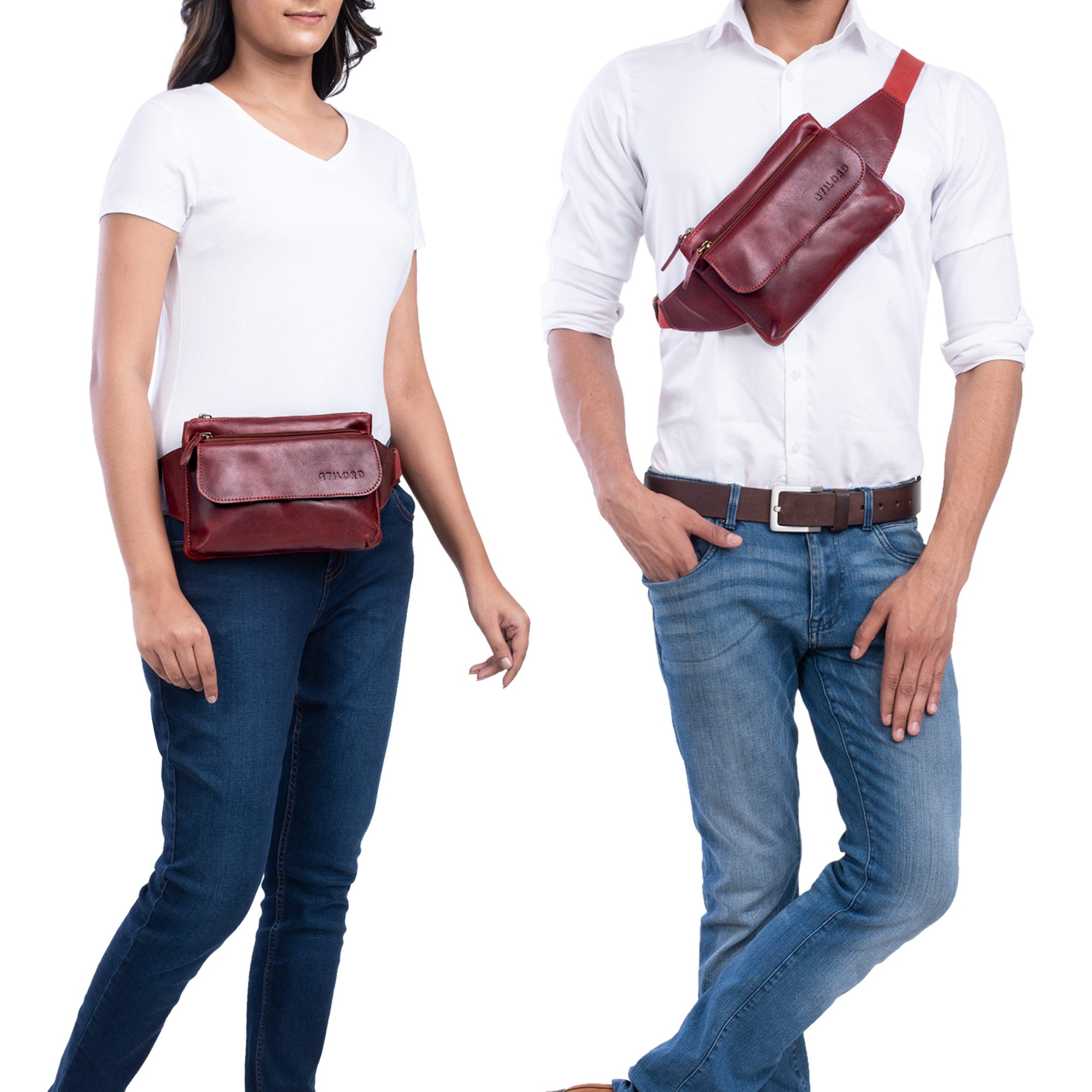 Echt-Leder-Bauchtasche rot