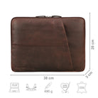 Laptoptasche Leder dunkelbraun mit Größenangaben und USP Icons