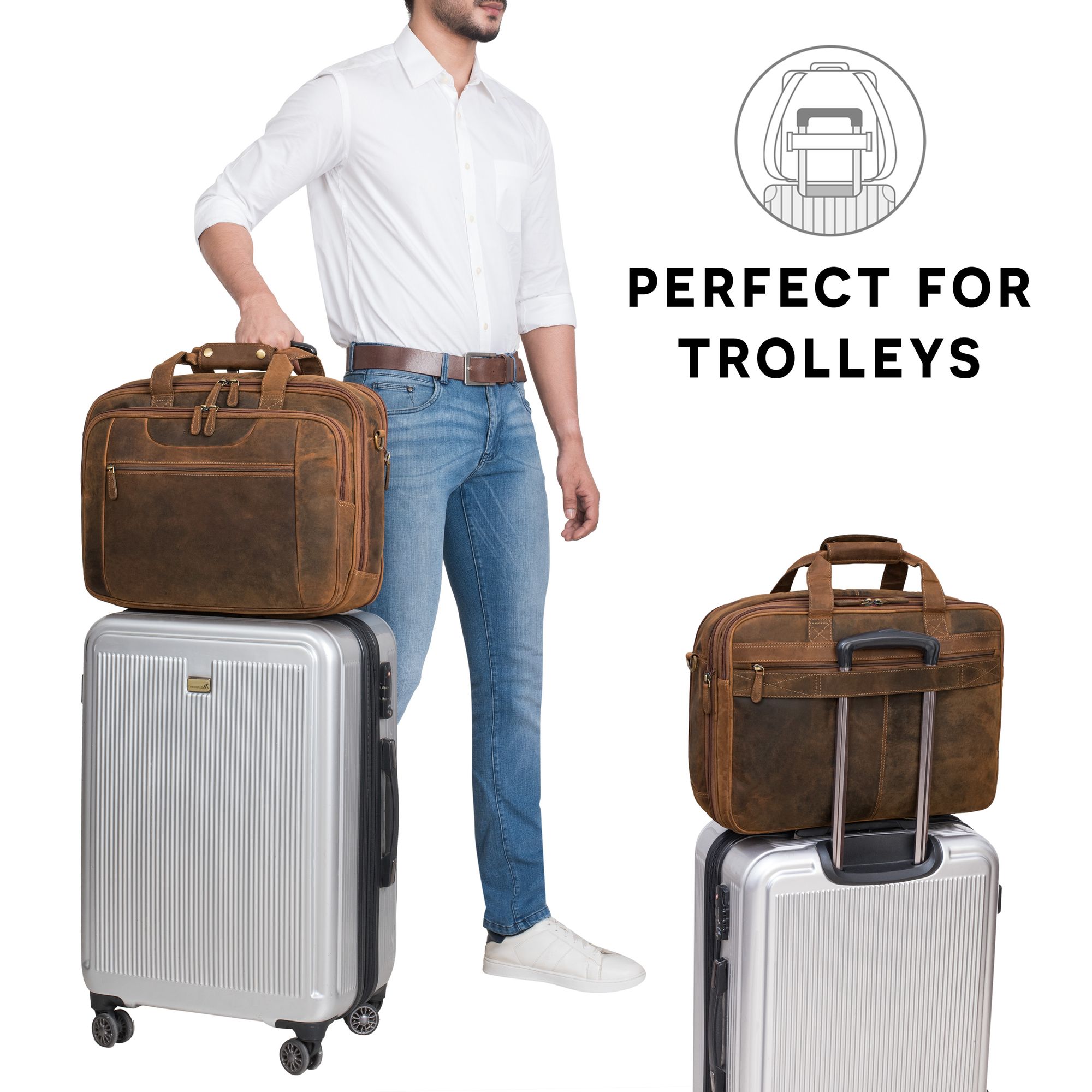 Aktentasche mit Trolleyhalterung aus Leder braun
