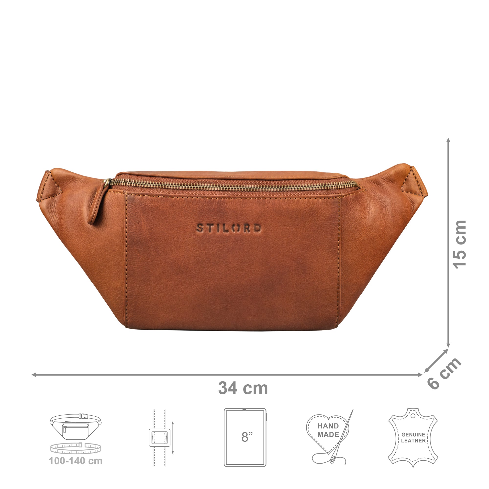 Gürteltasche Vintage Leder cognac mit Größenangaben und USP Icons