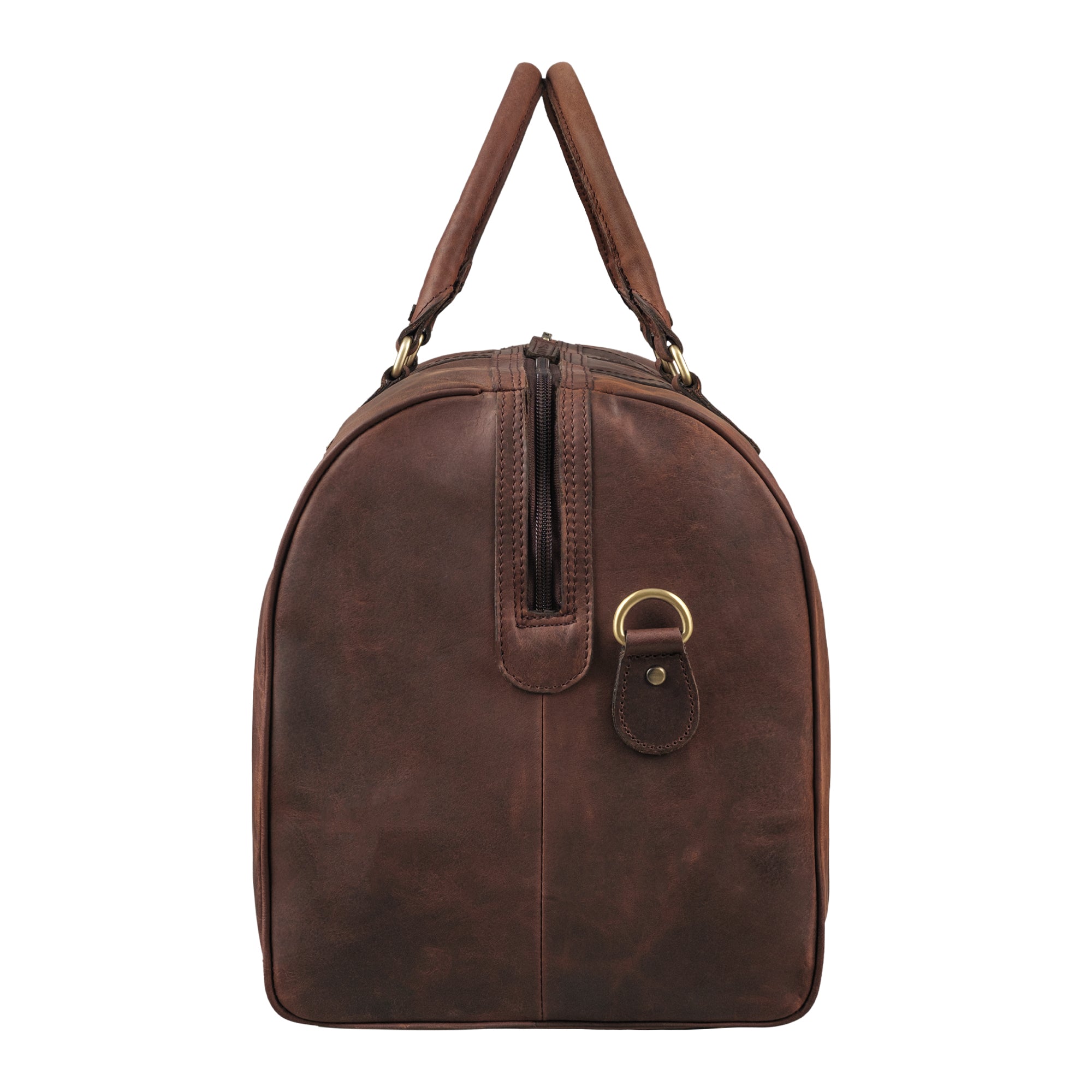 Leder Reisetasche dunkelbraun aus der seitlichen Perspektive
