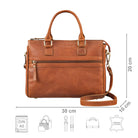 Henkeltasche Leder braun mit Größenangaben und USP Icons