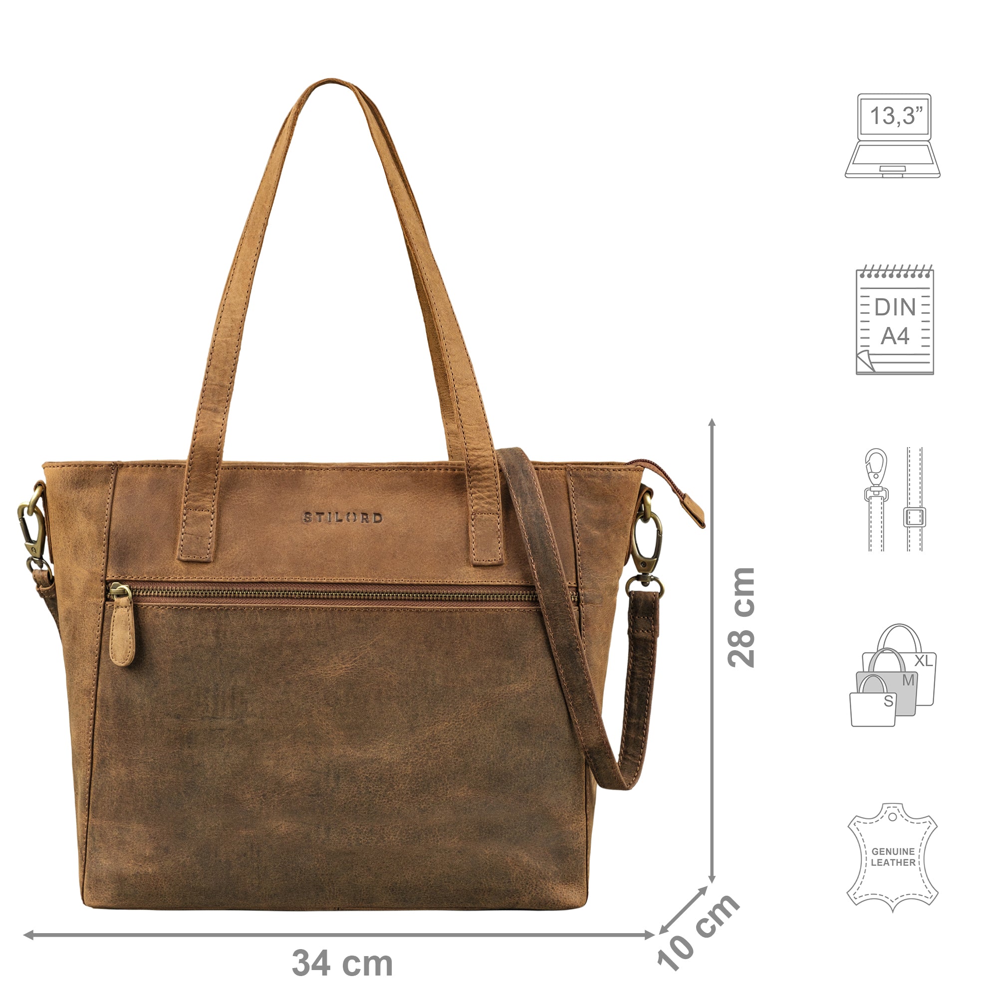 Tote Bag Leder braun mit Größenangaben und zusätzlichen USP Icons