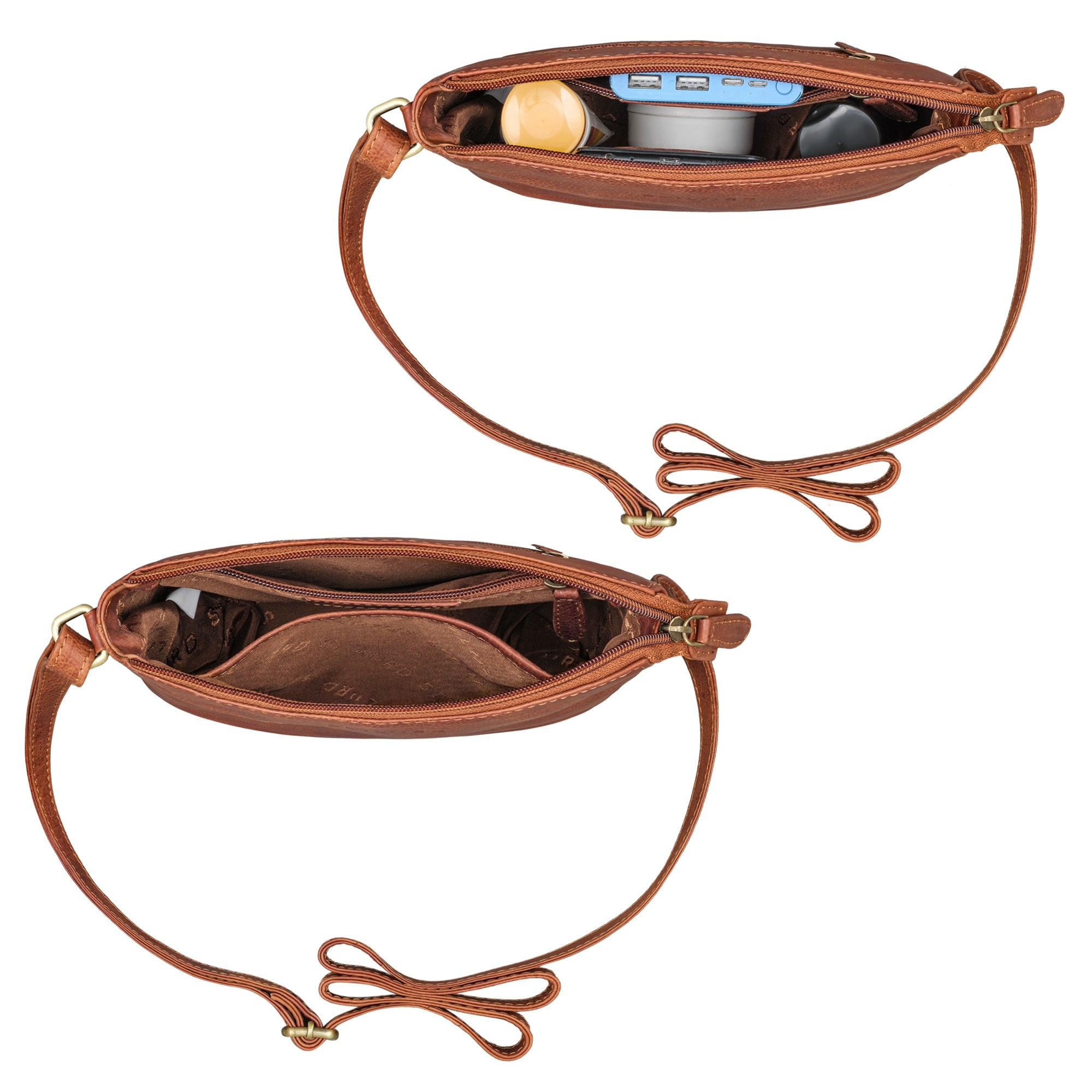Handtasche Leder cognac im gefüllten und leeren Zustand aus der Draufsicht