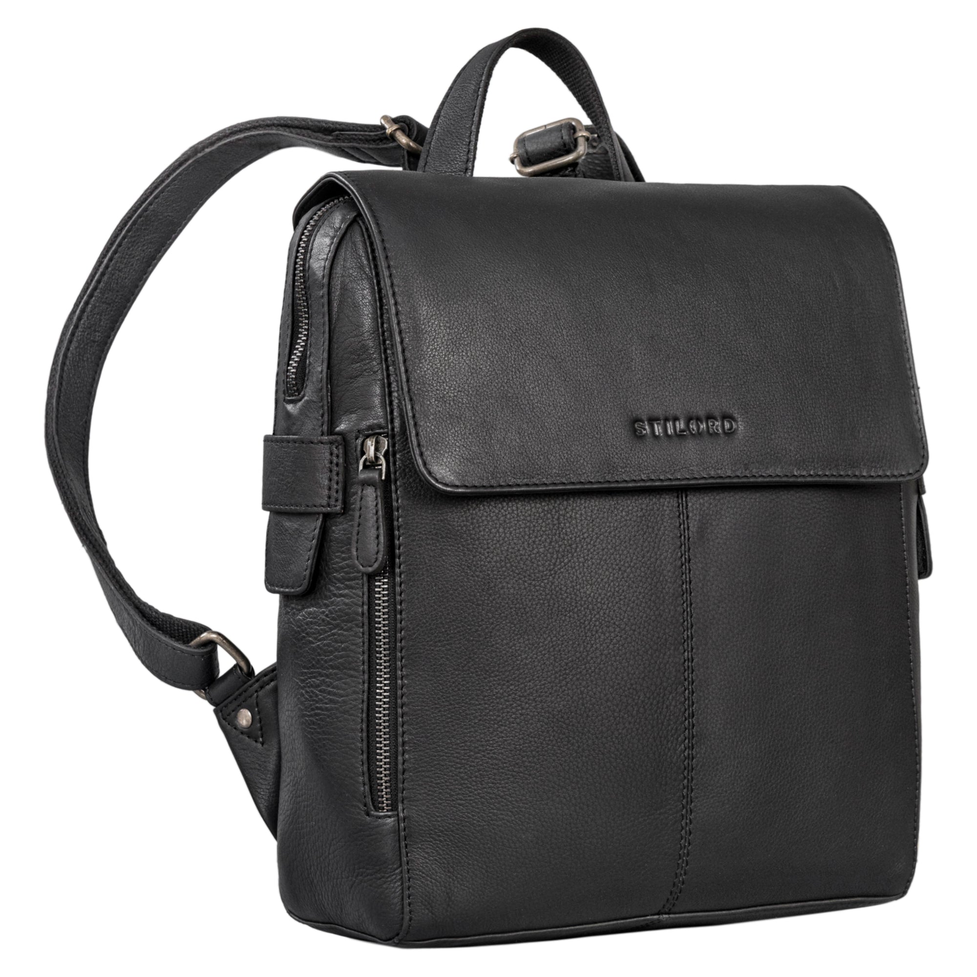Backpack mit Reißverschlusstaschen und Überschlag in schwarz