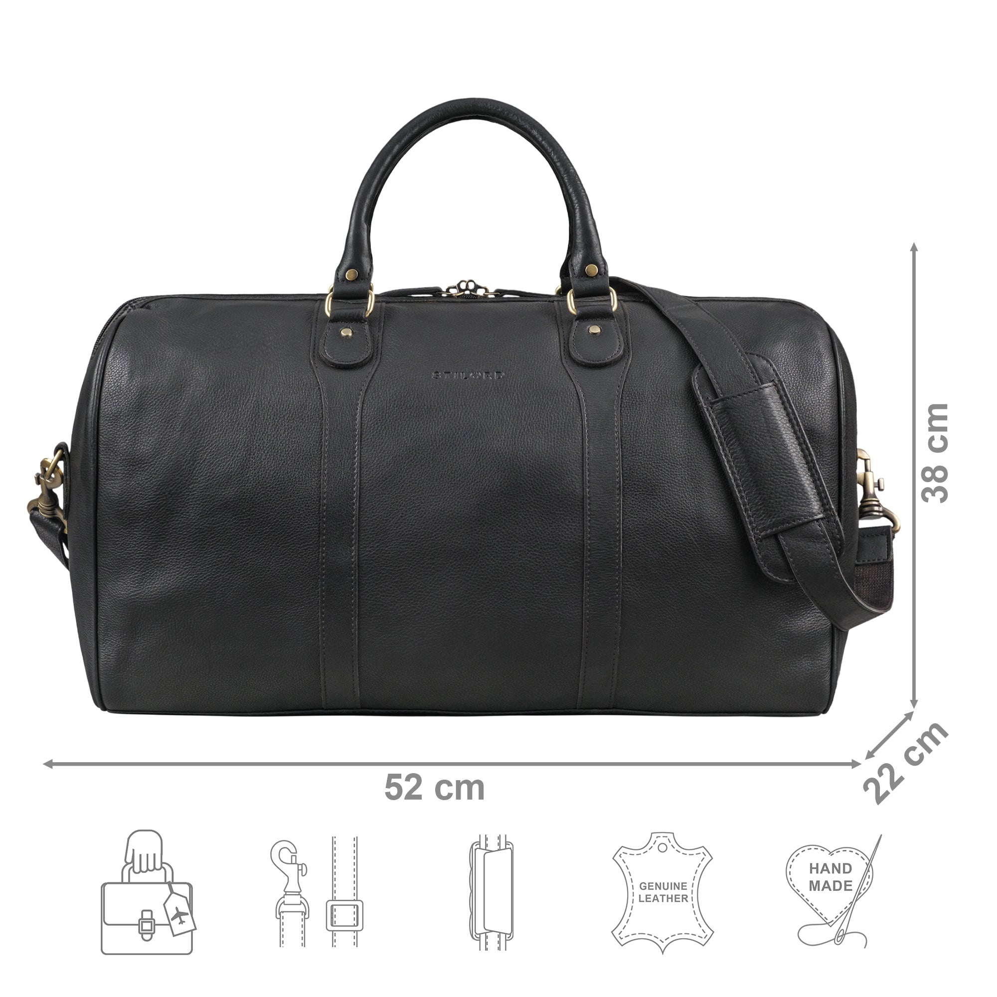 XL Reisetasche Leder schwarz mit Größenangaben und zusätzlichen USP Icons