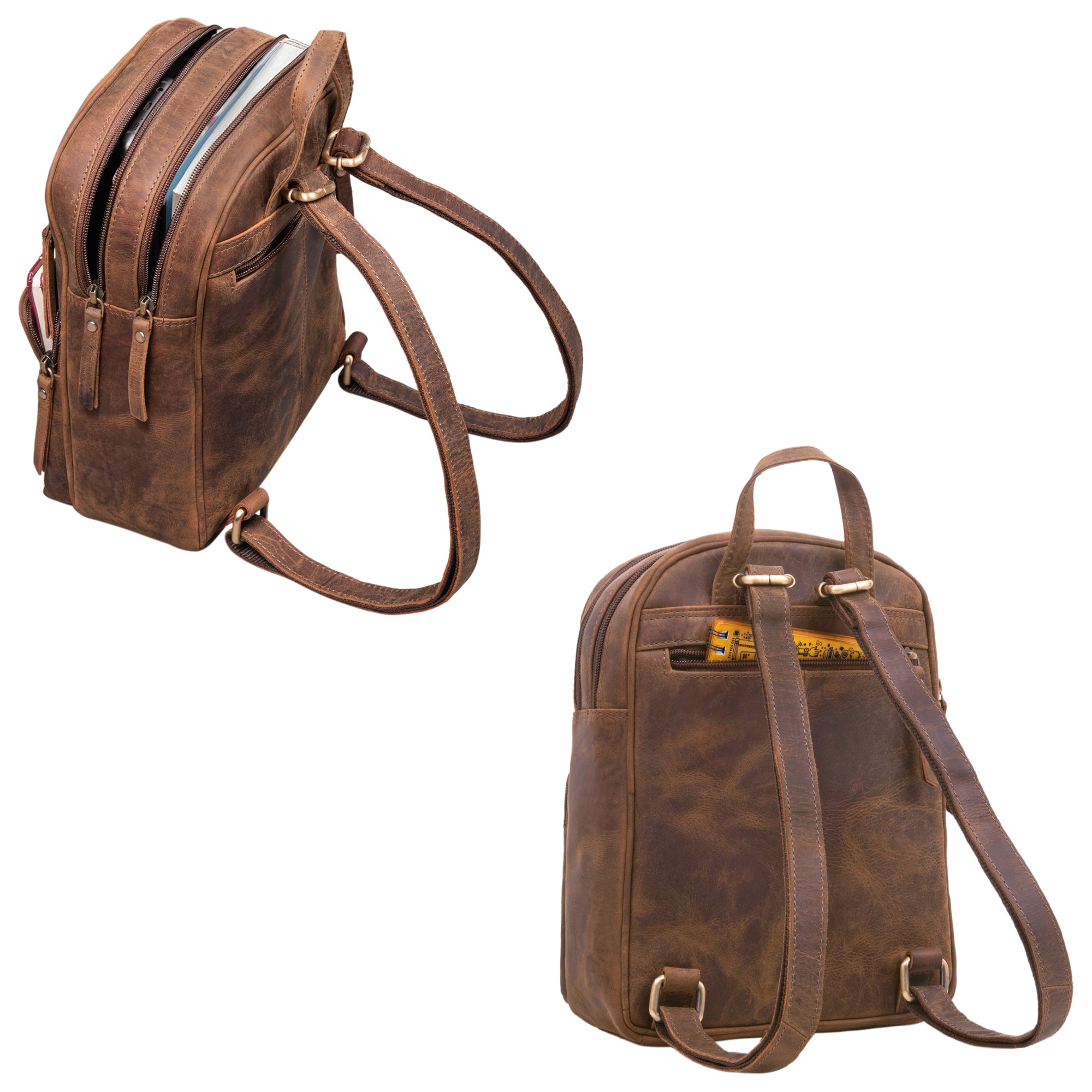 vintage tagesrucksack kleine Fächer braun Leder