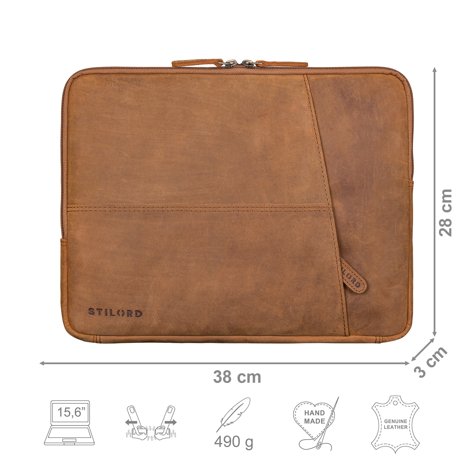 Laptoptasche Leder braun mit Größenangaben und zusätzlichen Merkmal Icons