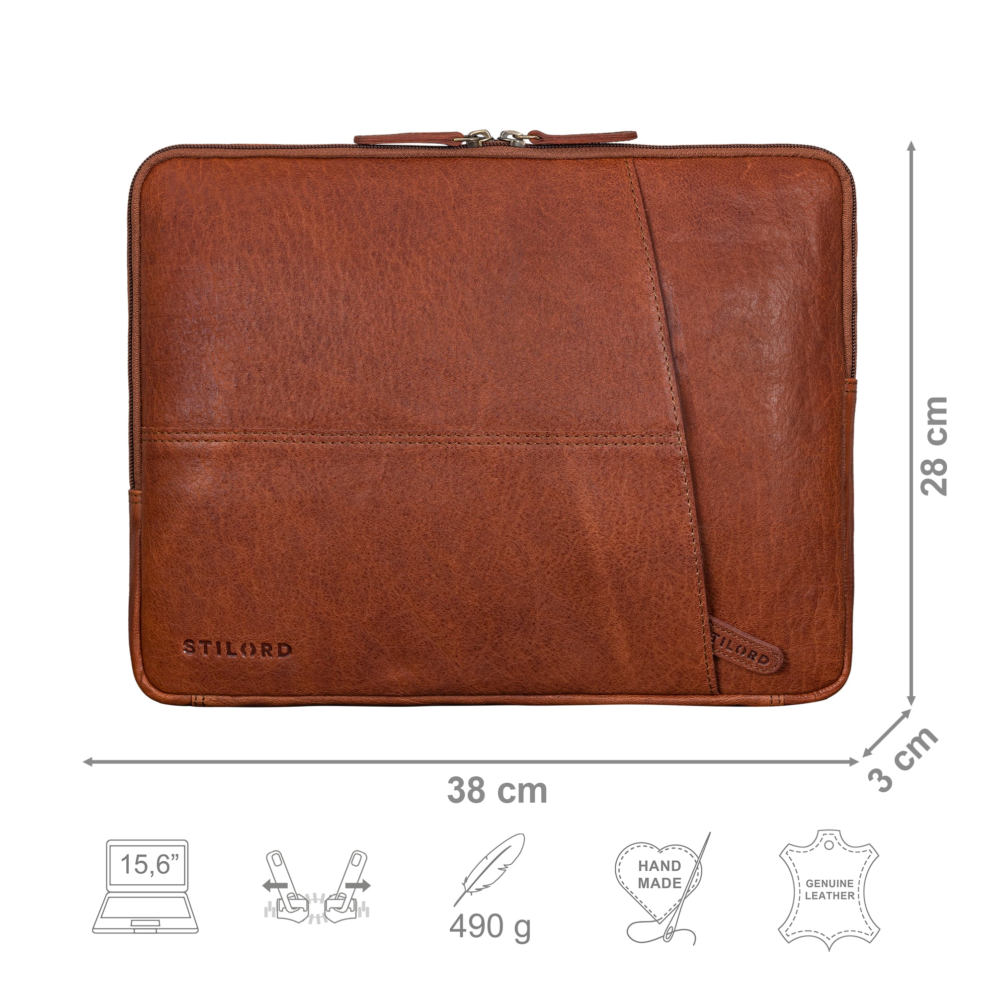 Laptoptasche Leder cognac mit Größenangaben und zusätzlichen Merkmal Icons