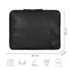 Leder Laptoptasche schwarz mit Größenangaben und zusätzlichen Merkmal Icons