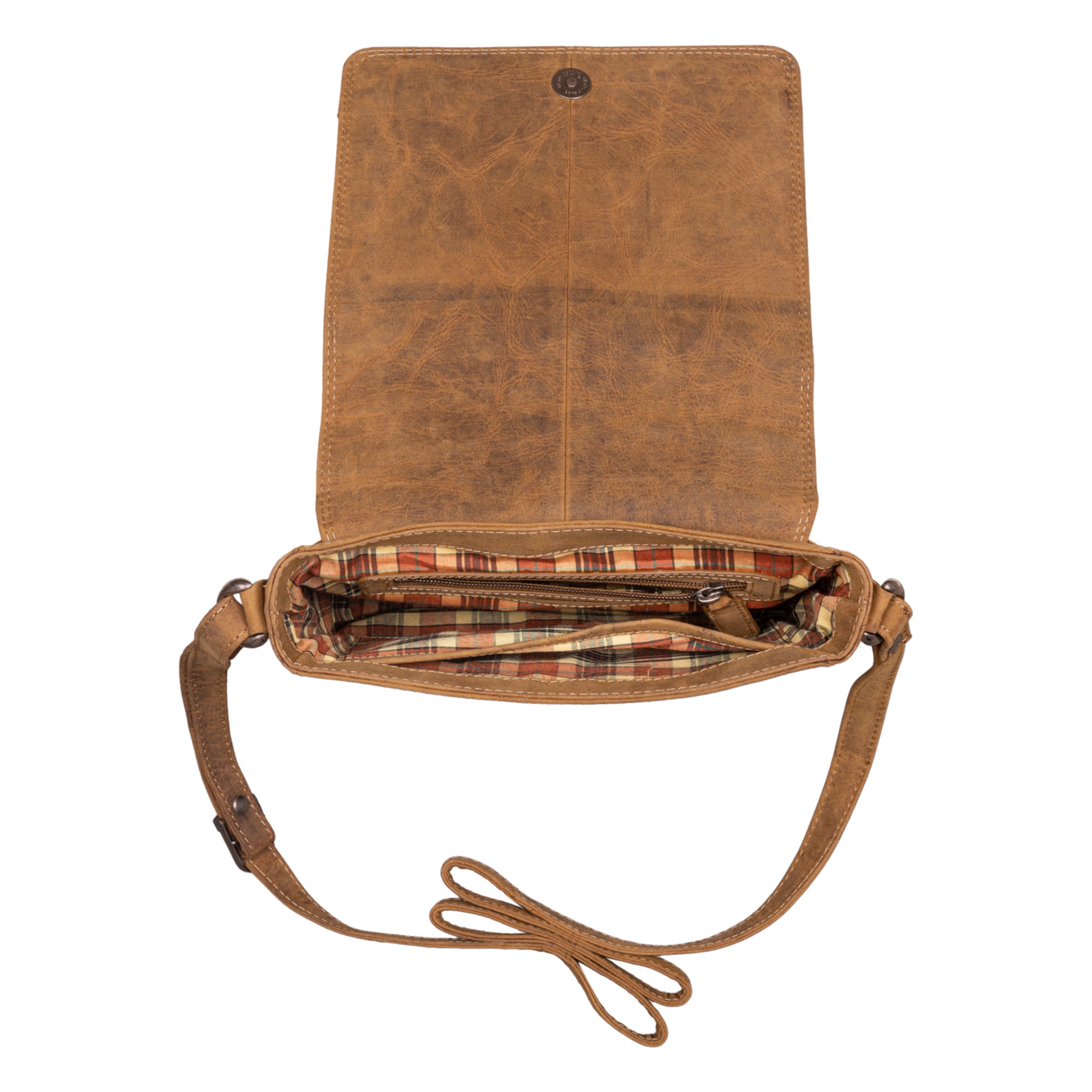 Kariertes Innenfutter Schultertasche braun Leder